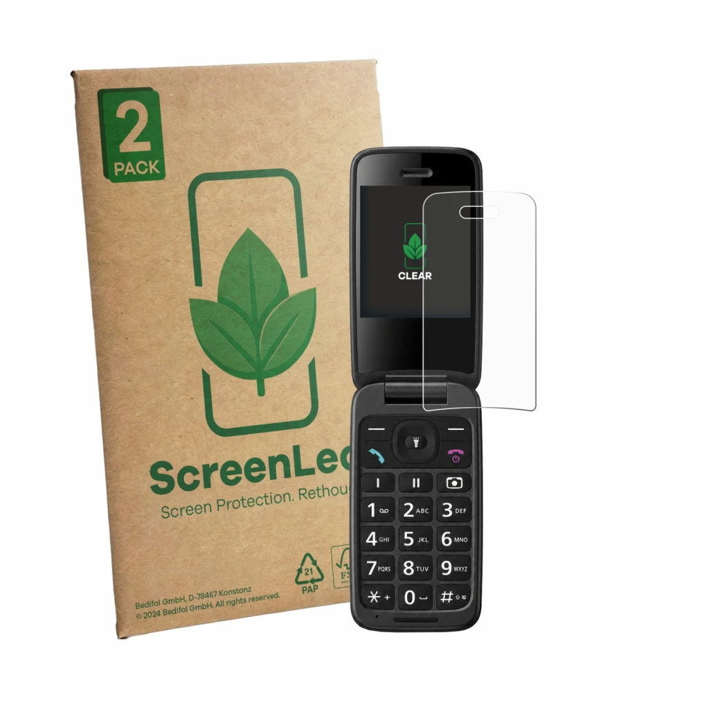 Face avant d’un emballage produit avec le logo de la marque ScreenLeaf. À côté, l’appareil Panasonic KX-TU410 est représenté a