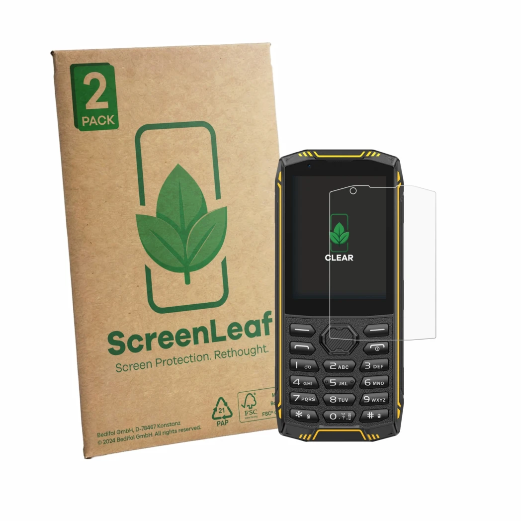 Face avant d’un emballage produit avec le logo de la marque ScreenLeaf. À côté, l’appareil Ulefone Armor Mini 5 est représenté