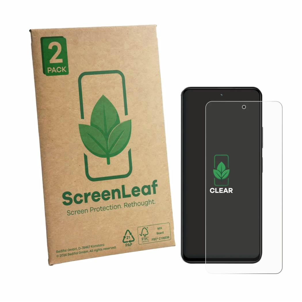 Face avant d’un emballage produit avec le logo de la marque ScreenLeaf. À côté, l’appareil Blackview Color 6 est représenté av