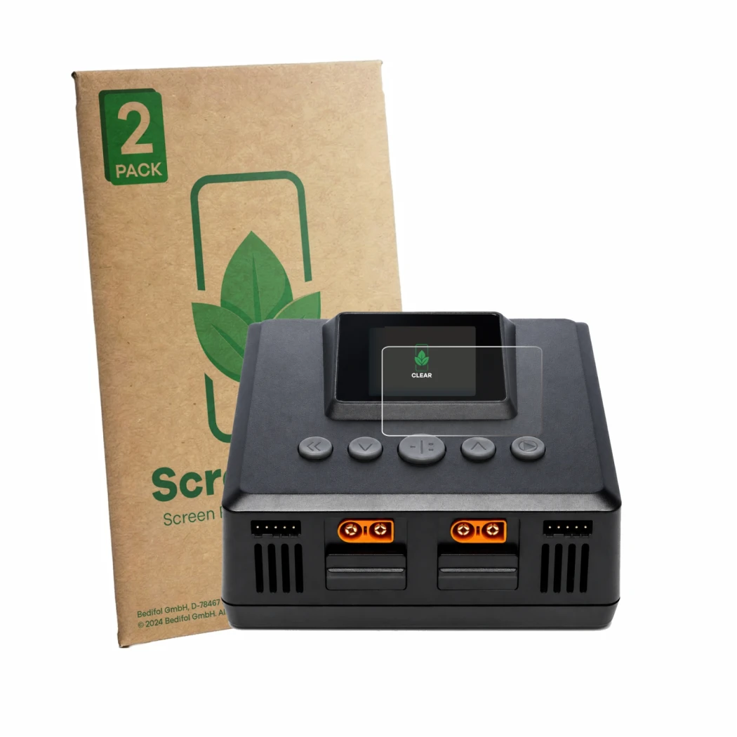 Face avant d’un emballage produit avec le logo de la marque ScreenLeaf. À côté, l’appareil Spektrum Smart Charger S250 est rep