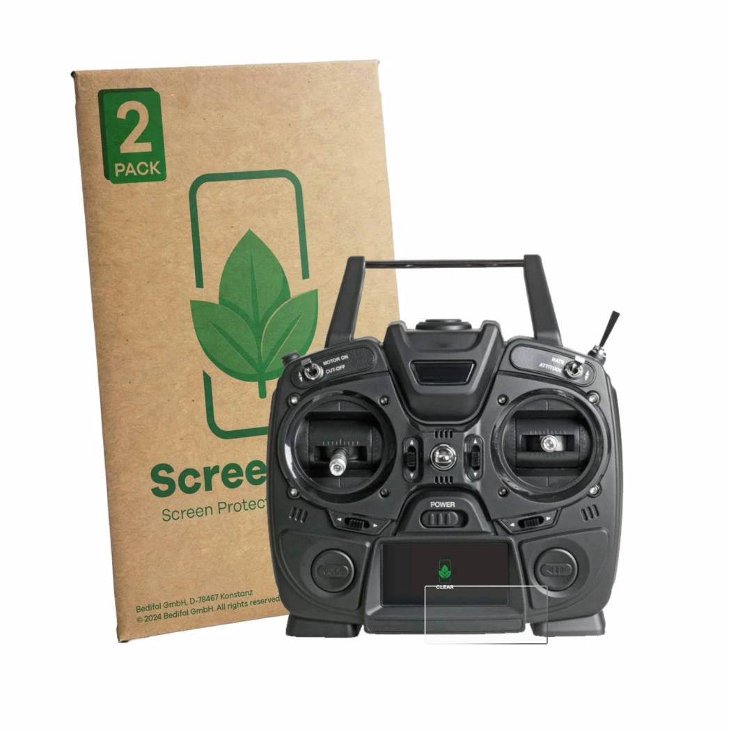 Face avant d’un emballage produit avec le logo de la marque ScreenLeaf. À côté, l’appareil Graupner MZ-10 HOTT est représenté 