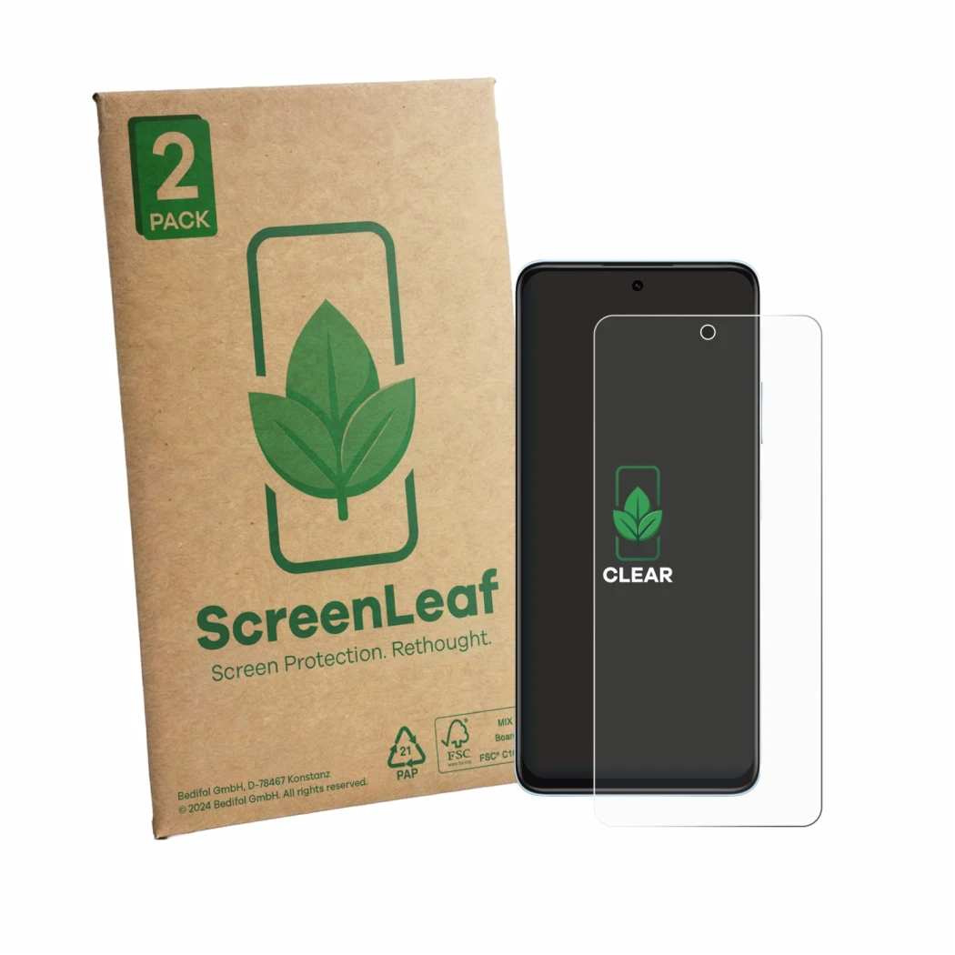Face avant d’un emballage produit avec le logo de la marque ScreenLeaf. À côté, l’appareil Huawei Nova Y74 est représenté avec