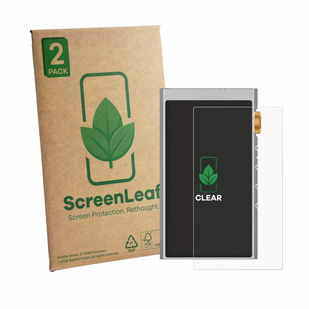 Face avant d’un emballage produit avec le logo de la marque ScreenLeaf. À côté, l’appareil Hifi Walker H20 Ultra est représent