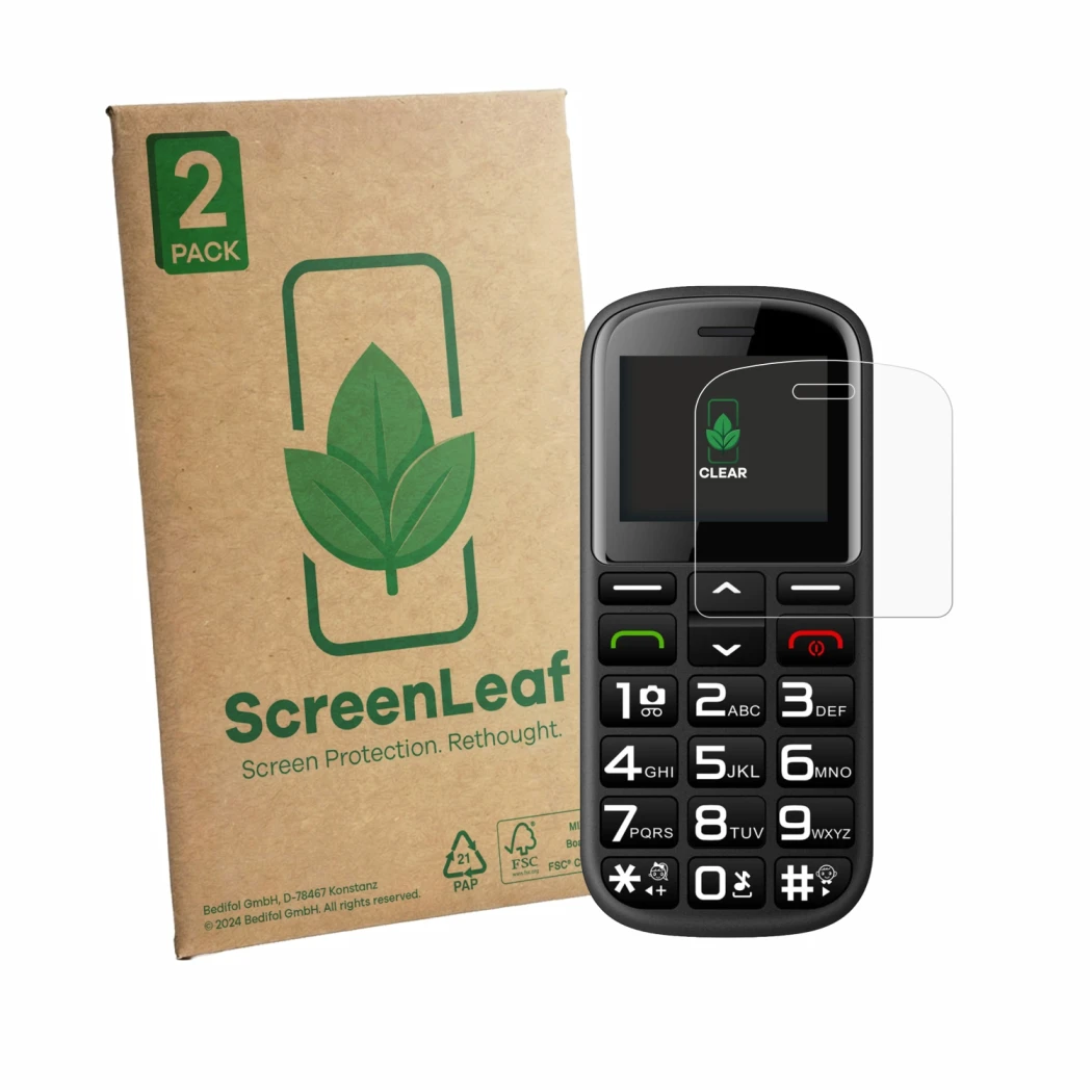 Face avant d’un emballage produit avec le logo de la marque ScreenLeaf. À côté, l’appareil artfone CS182 est représenté avec l