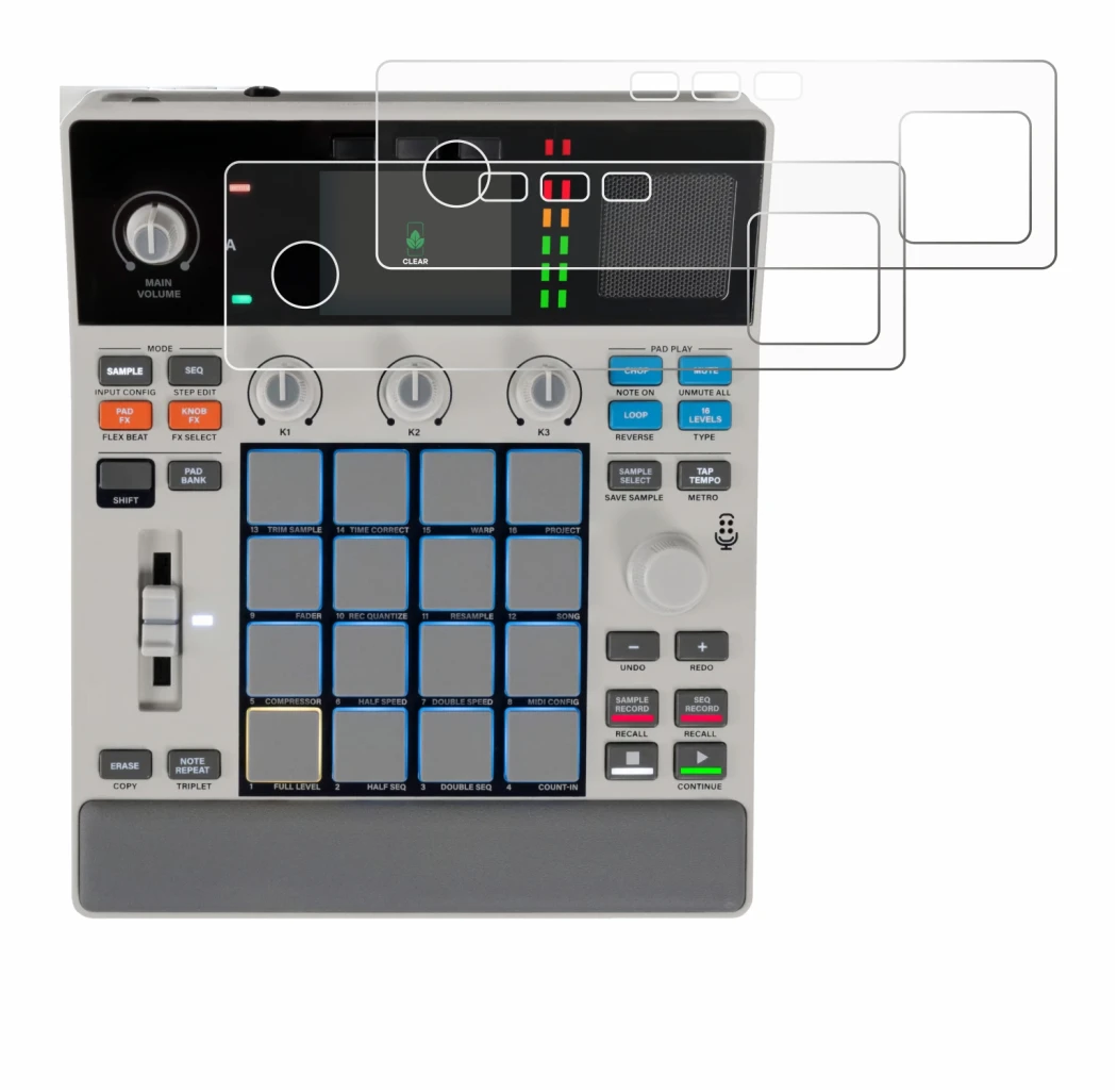 Image de l'appareil Akai MPC Sample avec une grande variété de protections d'écran.