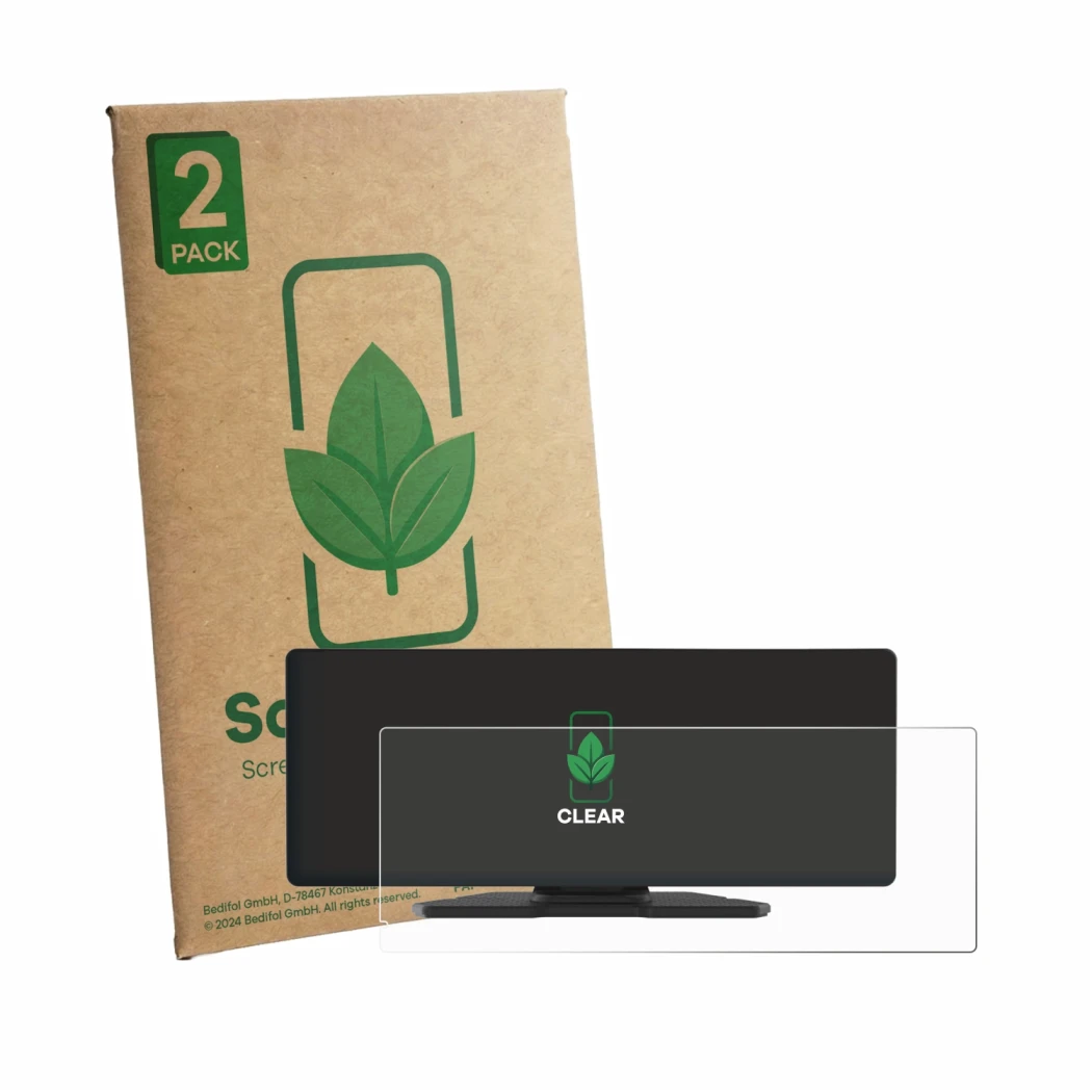 Face avant d’un emballage produit avec le logo de la marque ScreenLeaf. À côté, l’appareil Carpuride W903 Plus 9.3