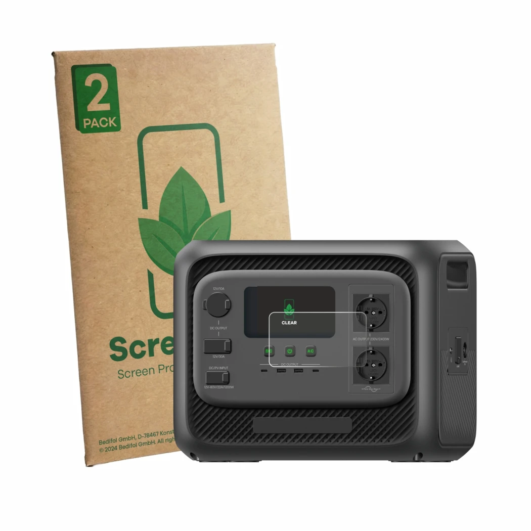 Face avant d’un emballage produit avec le logo de la marque ScreenLeaf. À côté, l’appareil Bluetti Elite 300 est représenté av