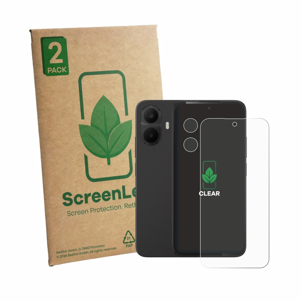 Face avant d’un emballage produit avec le logo de la marque ScreenLeaf. À côté, l’appareil TCL K70 4G (Avant+Caméra) est repré