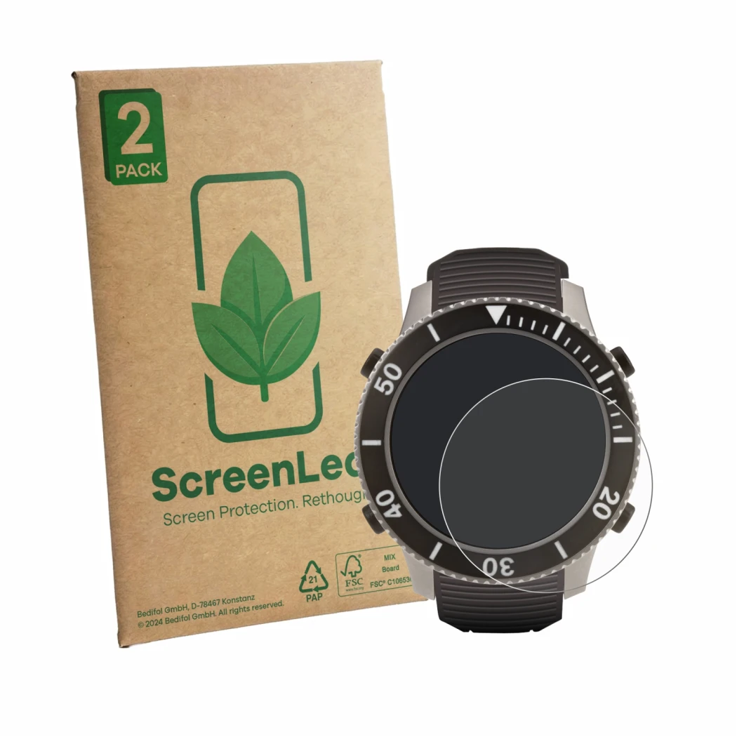 Face avant d’un emballage produit avec le logo de la marque ScreenLeaf. À côté, l’appareil SCUBAPRO Galileo G3 Ti est représen