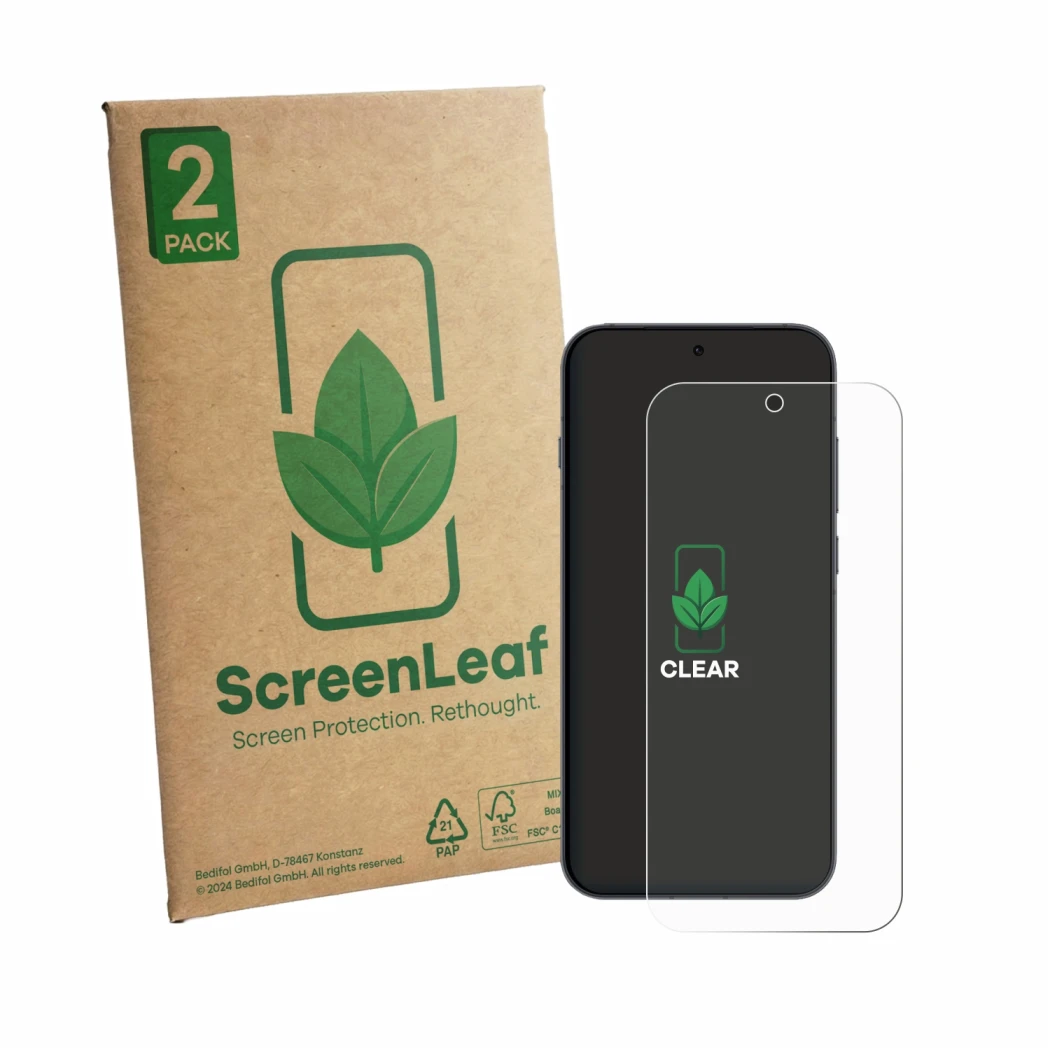 Face avant d’un emballage produit avec le logo de la marque ScreenLeaf. À côté, l’appareil Oppo Reno 16 F est représenté avec 