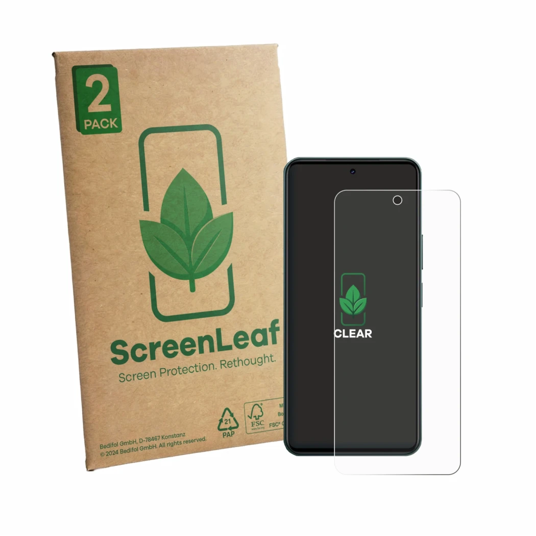 Face avant d’un emballage produit avec le logo de la marque ScreenLeaf. À côté, l’appareil Vivo Y21d est représenté avec la pr