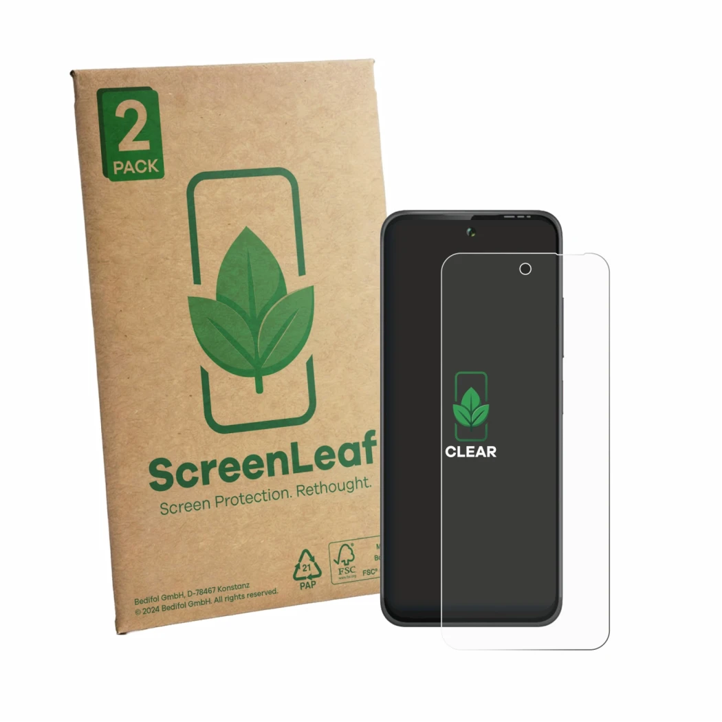 Face avant d’un emballage produit avec le logo de la marque ScreenLeaf. À côté, l’appareil Gigaset GP20 est représenté avec la