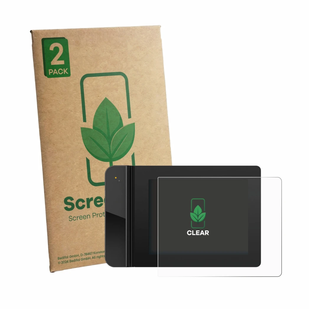 Face avant d’un emballage produit avec le logo de la marque ScreenLeaf. À côté, l’appareil XP-PEN Star G430S est représenté av