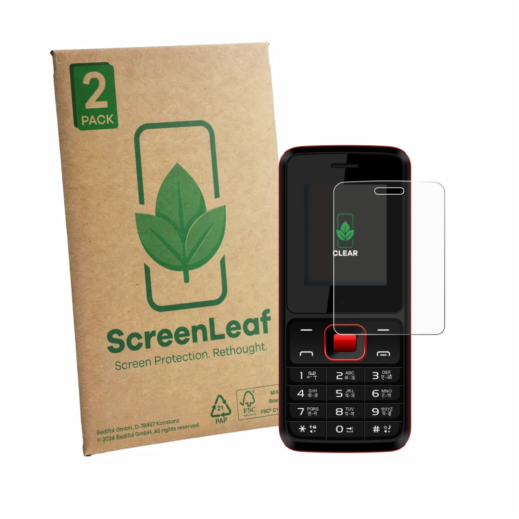 Face avant d’un emballage produit avec le logo de la marque ScreenLeaf. À côté, l’appareil Karbonn K19 Rock est représenté ave