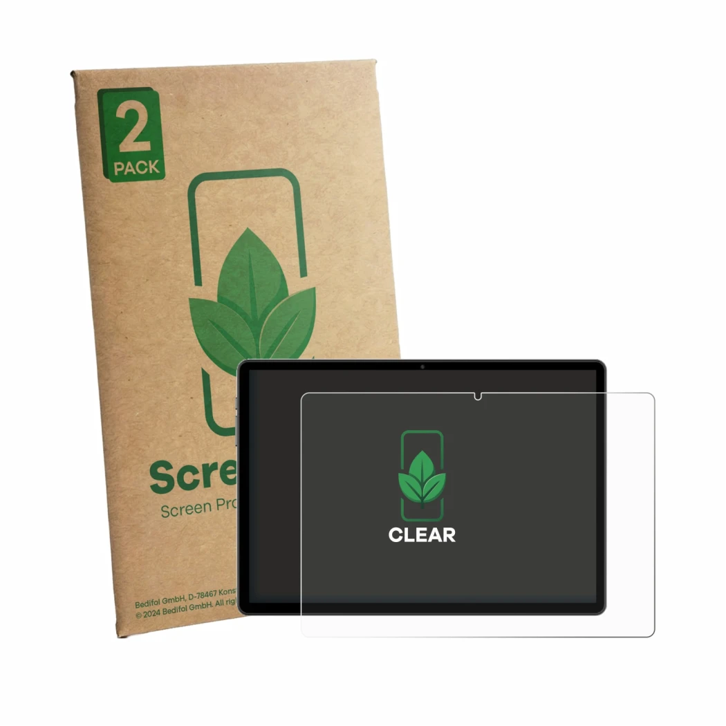 Face avant d’un emballage produit avec le logo de la marque ScreenLeaf. À côté, l’appareil Juno Tab 4 10.5