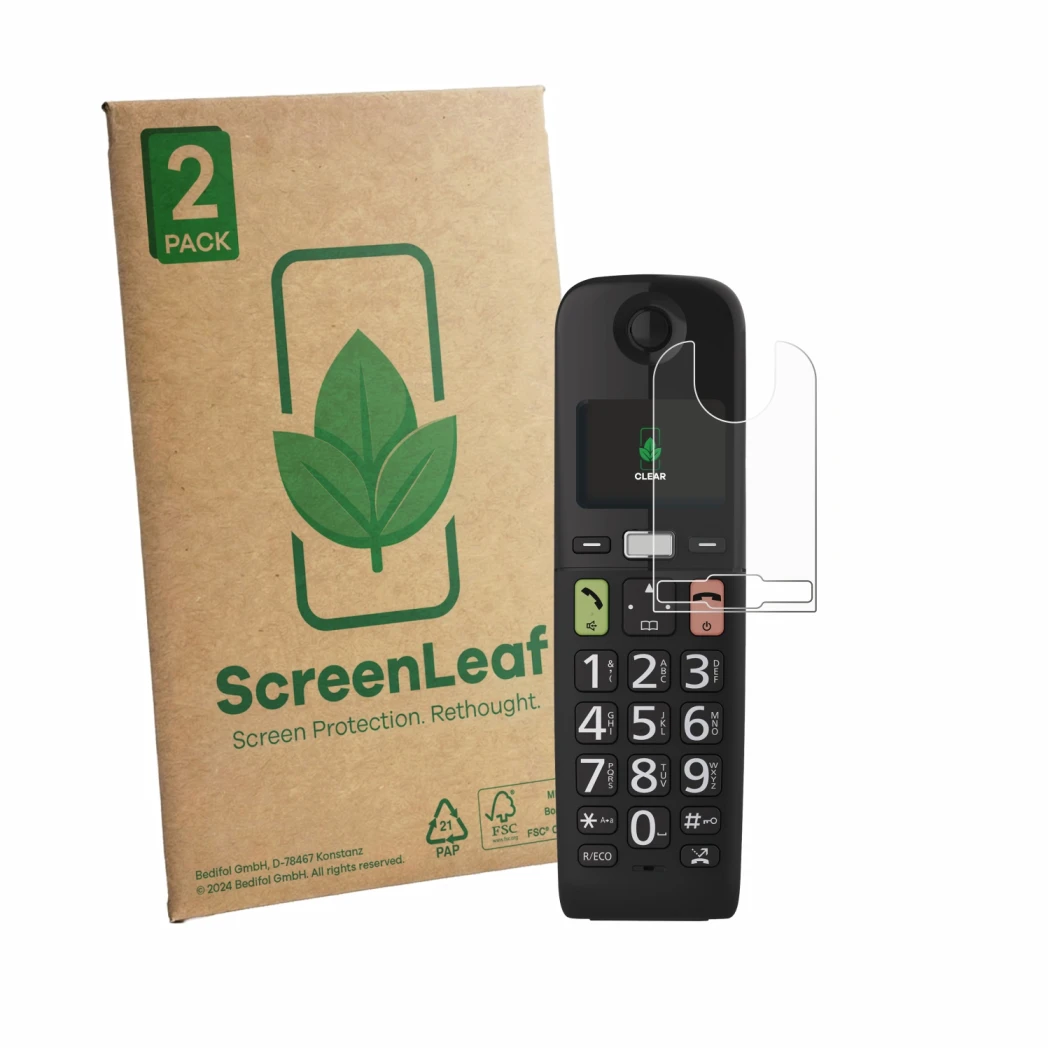 Face avant d’un emballage produit avec le logo de la marque ScreenLeaf. À côté, l’appareil Panasonic KX-TGU130 est représenté 