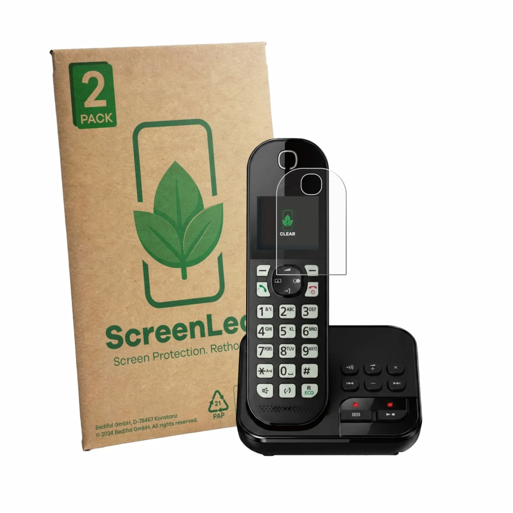 Face avant d’un emballage produit avec le logo de la marque ScreenLeaf. À côté, l’appareil Panasonic KX-TGC460 est représenté 