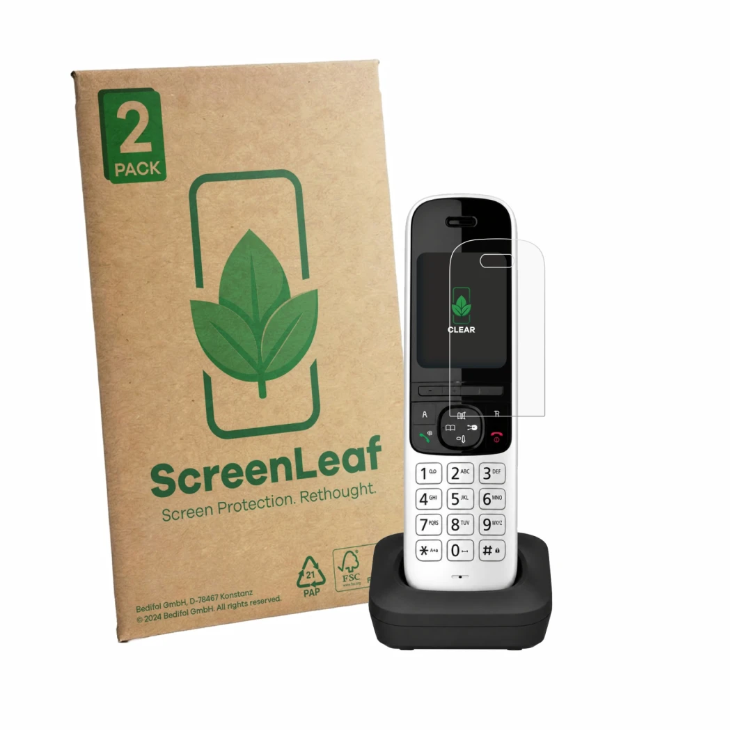 Face avant d’un emballage produit avec le logo de la marque ScreenLeaf. À côté, l’appareil Panasonic KX-TGH723 est représenté 