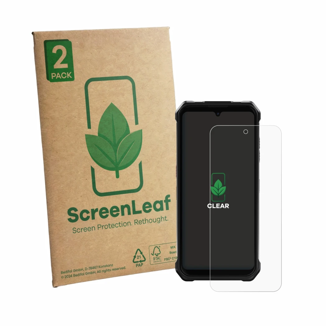Face avant d’un emballage produit avec le logo de la marque ScreenLeaf. À côté, l’appareil Fossibot F110L est représenté avec 