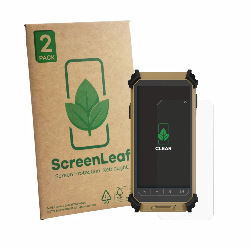 Face avant d’un emballage produit avec le logo de la marque ScreenLeaf. À côté, l’appareil DT Research DT361DM (portrait) est 