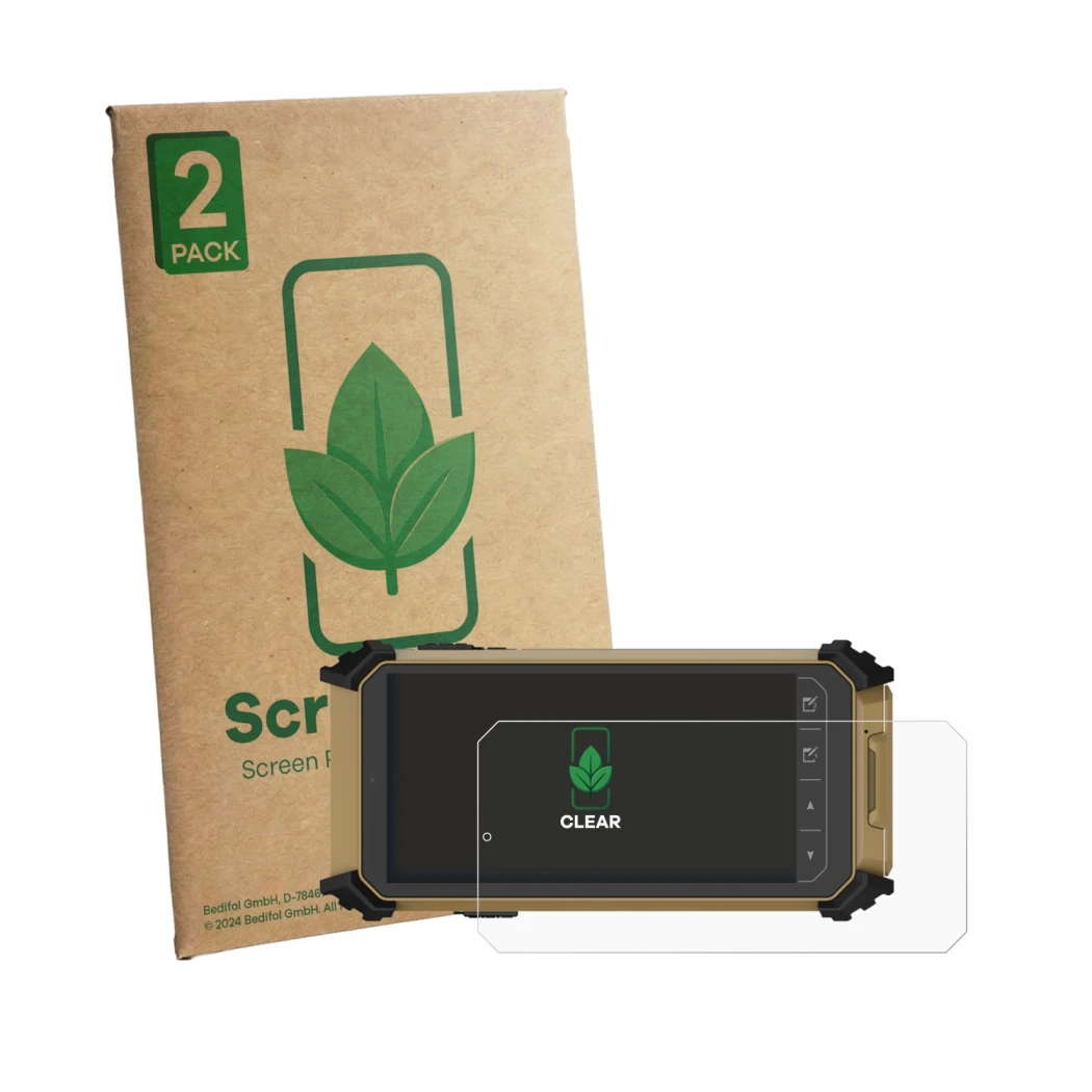 Face avant d’un emballage produit avec le logo de la marque ScreenLeaf. À côté, l’appareil DT Research DT361DM (en paysage) es