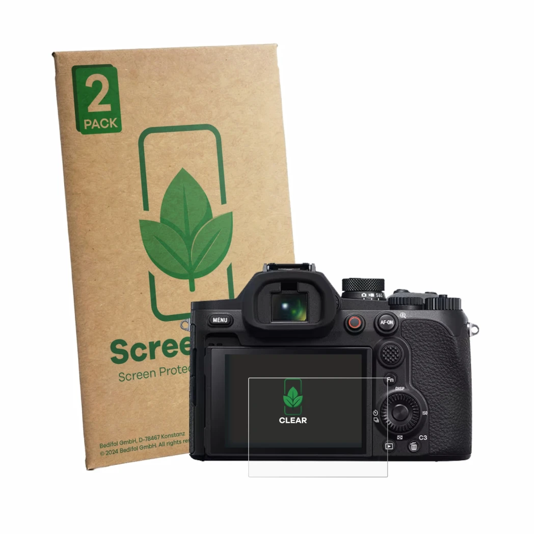 Face avant d’un emballage produit avec le logo de la marque ScreenLeaf. À côté, l’appareil Sony Cyber-Shot DSC-RX10 V est repr
