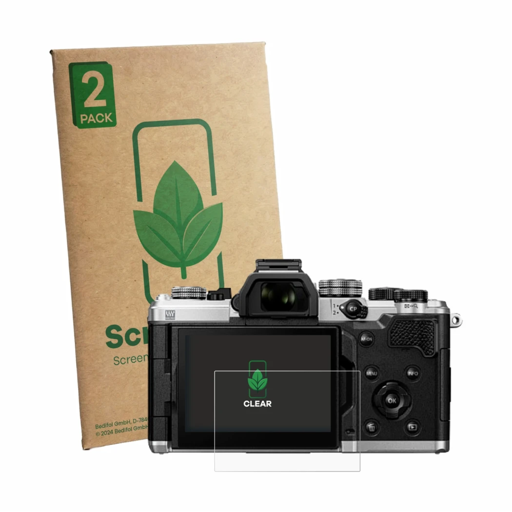 Face avant d’un emballage produit avec le logo de la marque ScreenLeaf. À côté, l’appareil OM System OM-3 ASTRO est représenté