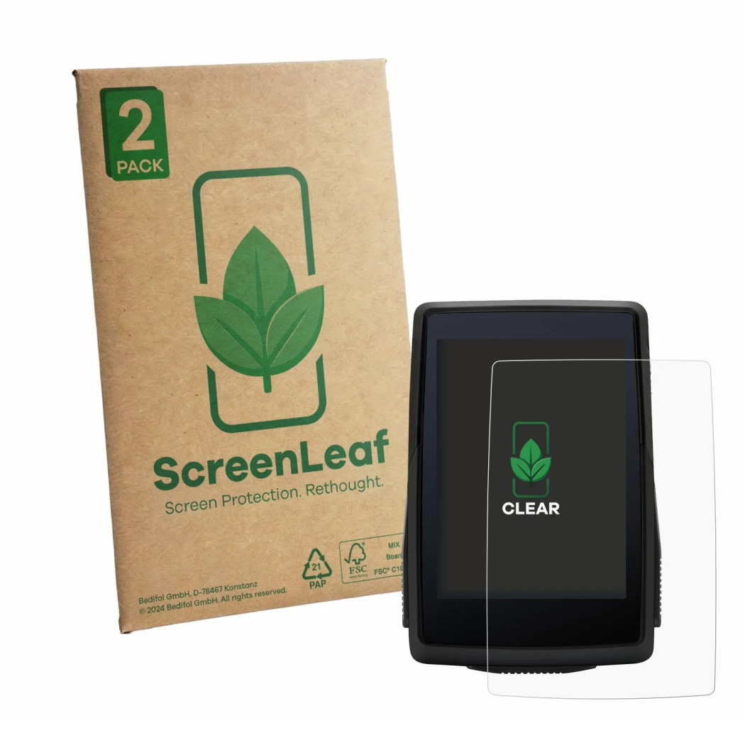 Face avant d’un emballage produit avec le logo de la marque ScreenLeaf. À côté, l’appareil Sigma ROX 4.0 SE est représenté ave