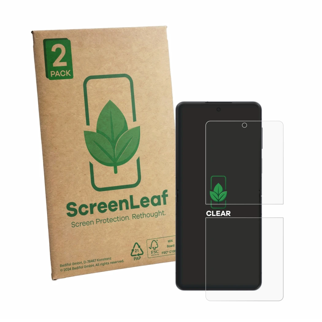 Face avant d’un emballage produit avec le logo de la marque ScreenLeaf. À côté, l’appareil Samsung Galaxy Z Flip 8 est représe