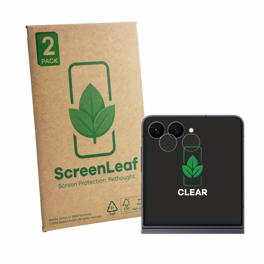 Face avant d’un emballage produit avec le logo de la marque ScreenLeaf. À côté, l’appareil Samsung Galaxy Z Flip 8 (Caméra UNI