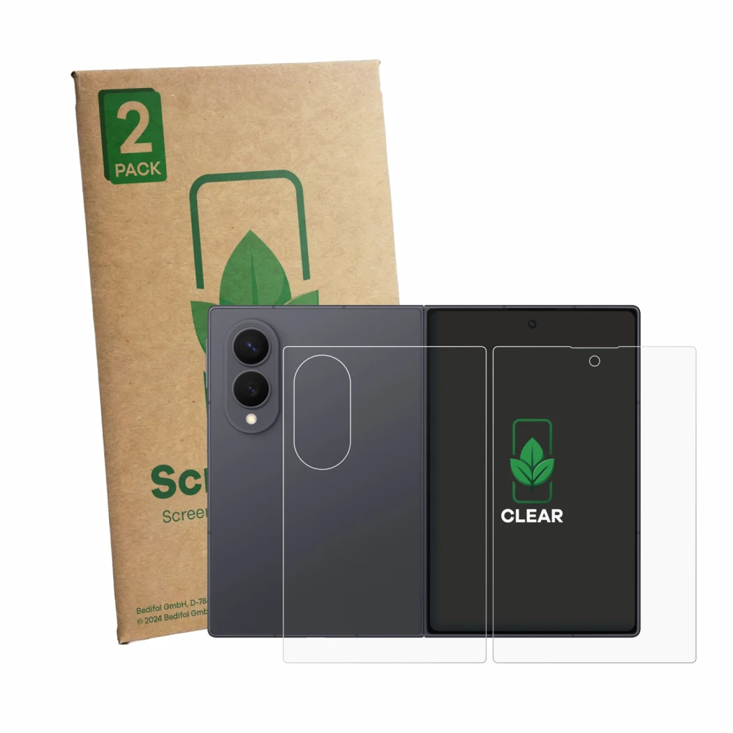 Face avant d’un emballage produit avec le logo de la marque ScreenLeaf. À côté, l’appareil Samsung Galaxy Z Fold 8 (Avant+Arri