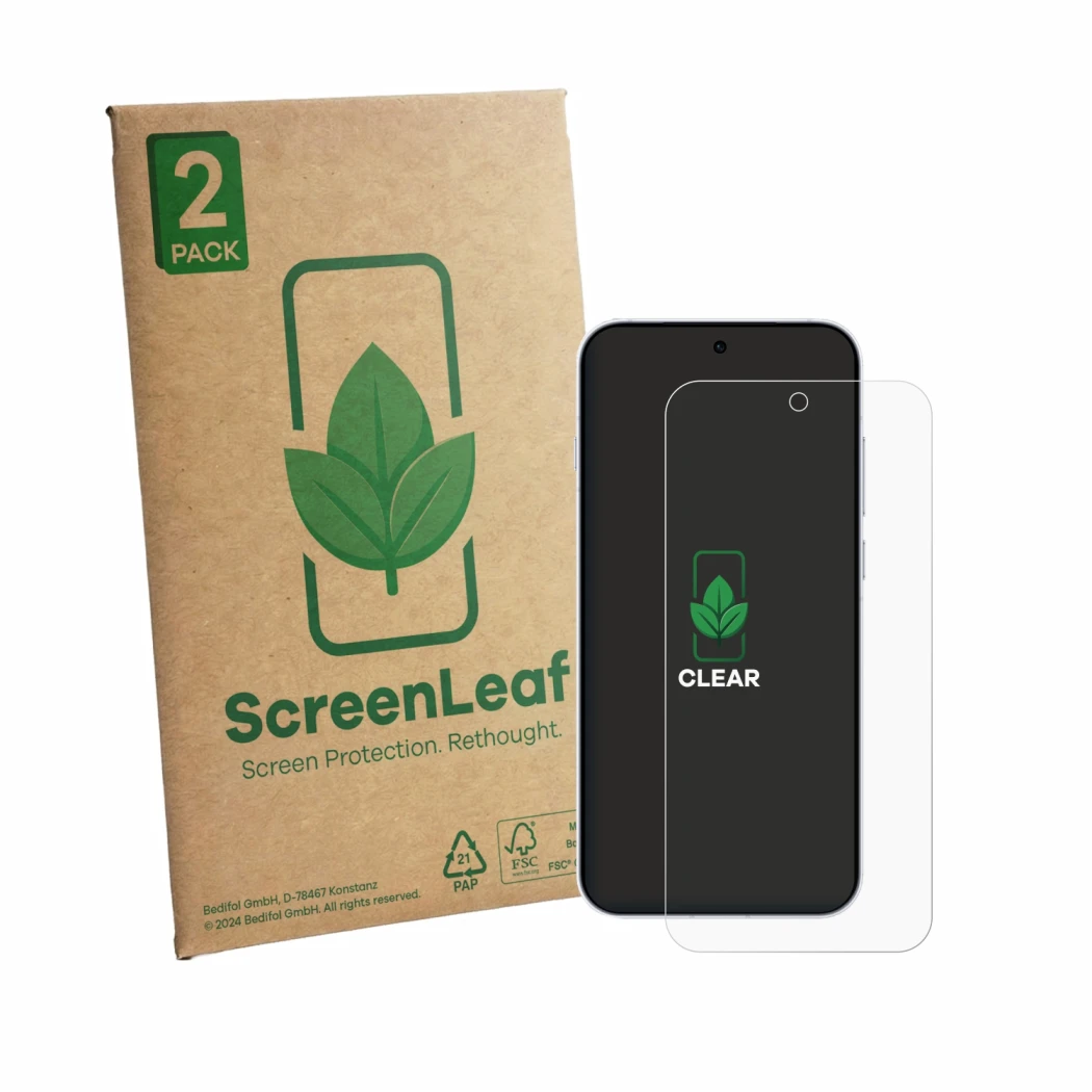 Face avant d’un emballage produit avec le logo de la marque ScreenLeaf. À côté, l’appareil Oppo Reno 16 Pro 5G est représenté 