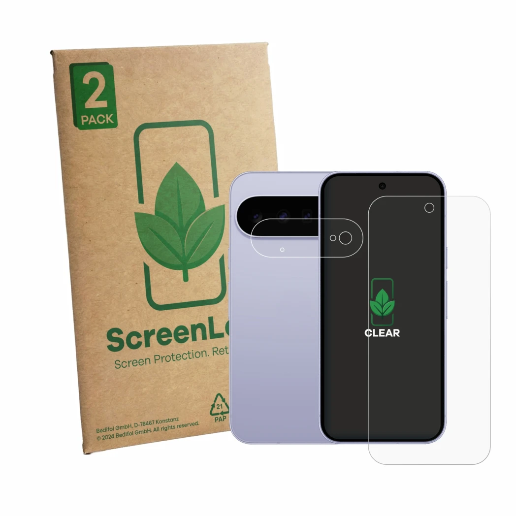 Face avant d’un emballage produit avec le logo de la marque ScreenLeaf. À côté, l’appareil Google Pixel 11 (Avant+Caméra) est 