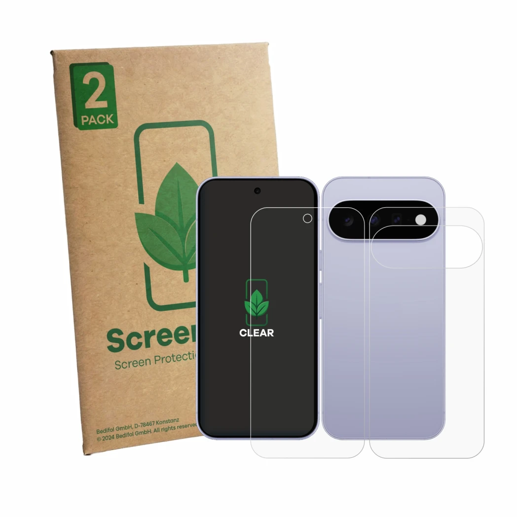 Face avant d’un emballage produit avec le logo de la marque ScreenLeaf. À côté, l’appareil Google Pixel 11 (Avant+Arrière) est