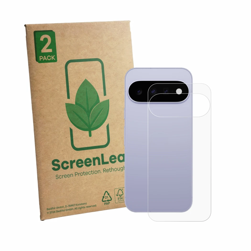 Face avant d’un emballage produit avec le logo de la marque ScreenLeaf. À côté, l’appareil Google Pixel 11 (Arrière) est repré