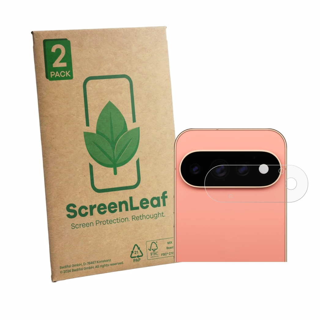 Face avant d’un emballage produit avec le logo de la marque ScreenLeaf. À côté, l’appareil Google Pixel 11 Pro (Caméra UNIQUEM