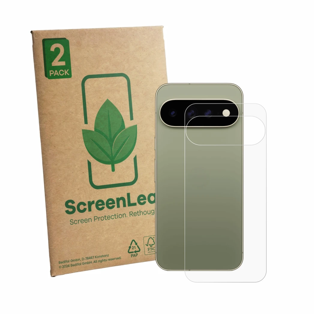 Face avant d’un emballage produit avec le logo de la marque ScreenLeaf. À côté, l’appareil Google Pixel 11 Pro XL (Arrière) es