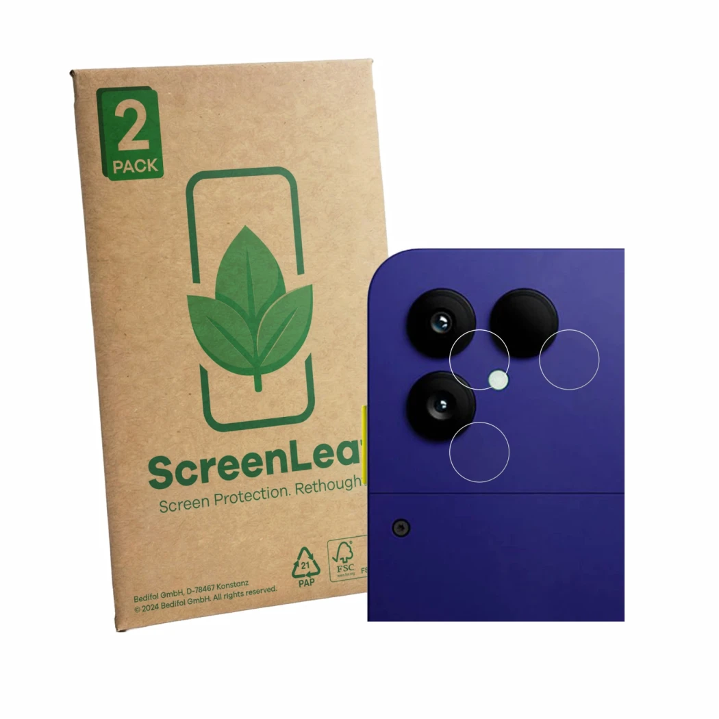 Face avant d’un emballage produit avec le logo de la marque ScreenLeaf. À côté, l’appareil Fairphone 6 Plus (Caméra UNIQUEMENT
