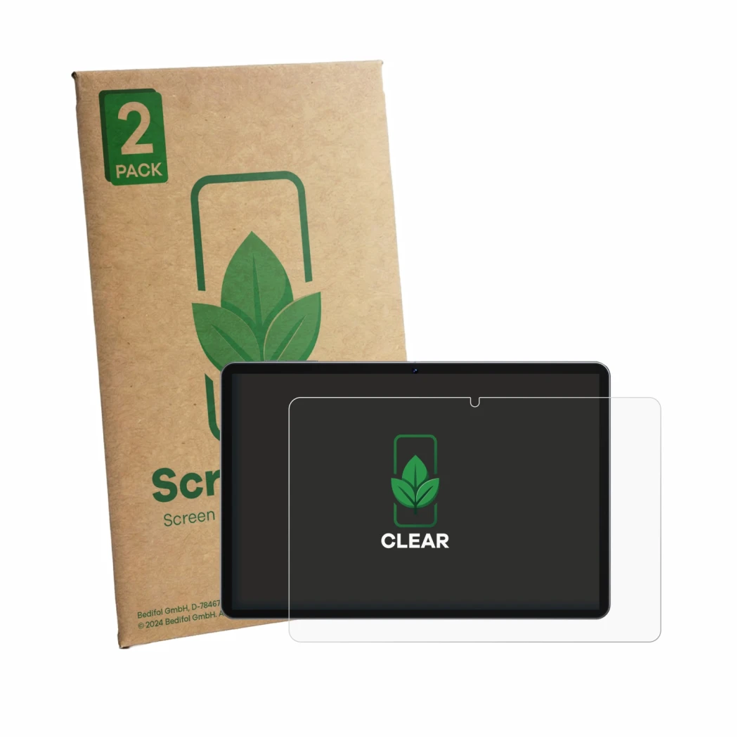 Face avant d’un emballage produit avec le logo de la marque ScreenLeaf. À côté, l’appareil SVITOO TAB P10 est représenté avec 