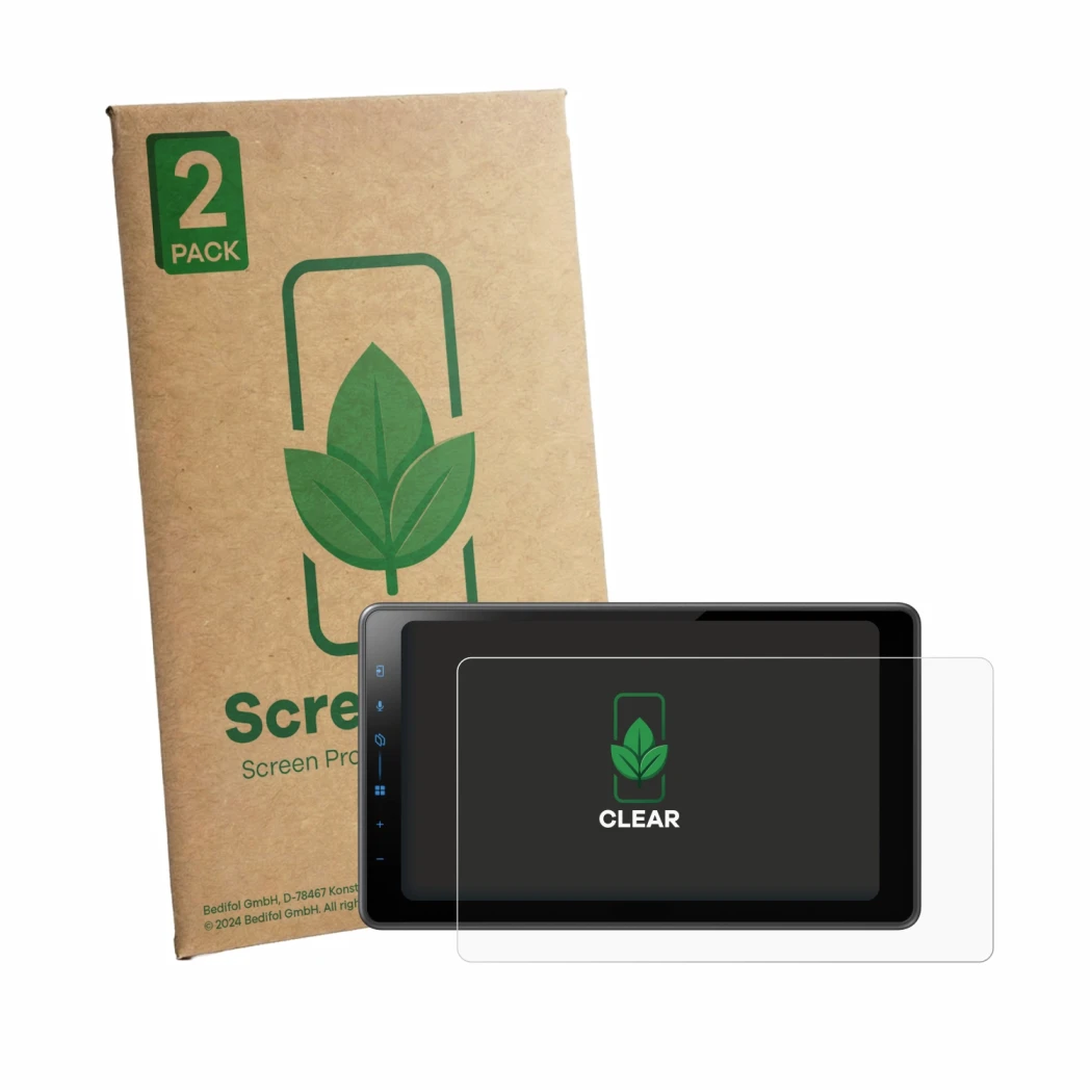 Face avant d’un emballage produit avec le logo de la marque ScreenLeaf. À côté, l’appareil Pioneer SPH-EVO98DAB-UNI est représ