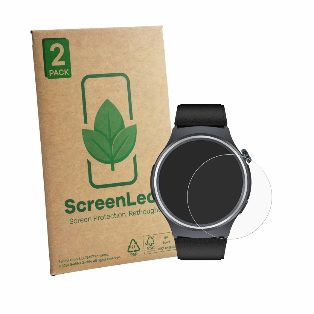 Face avant d’un emballage produit avec le logo de la marque ScreenLeaf. À côté, l’appareil Black Shark A3 est représenté avec 