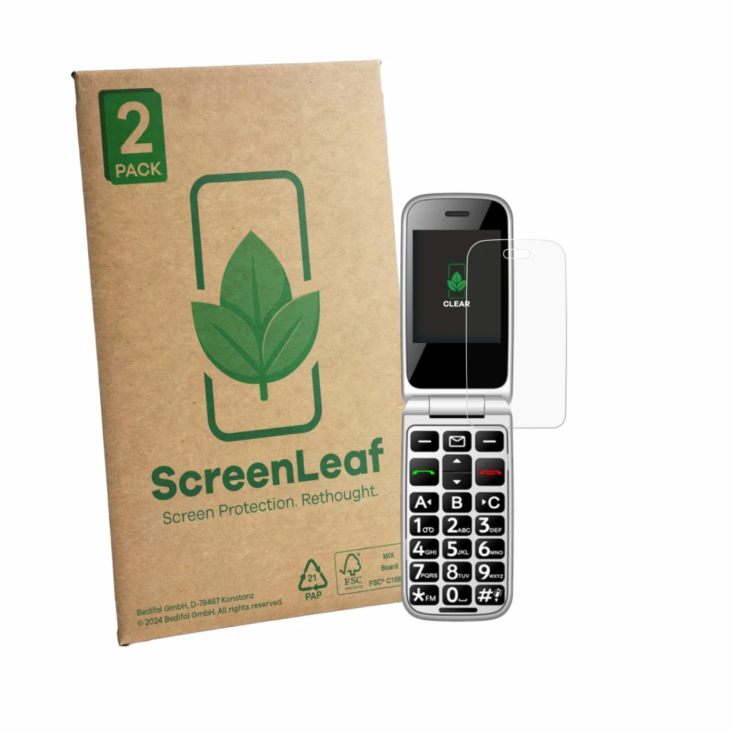 Face avant d’un emballage produit avec le logo de la marque ScreenLeaf. À côté, l’appareil artfone F20 est représenté avec la 