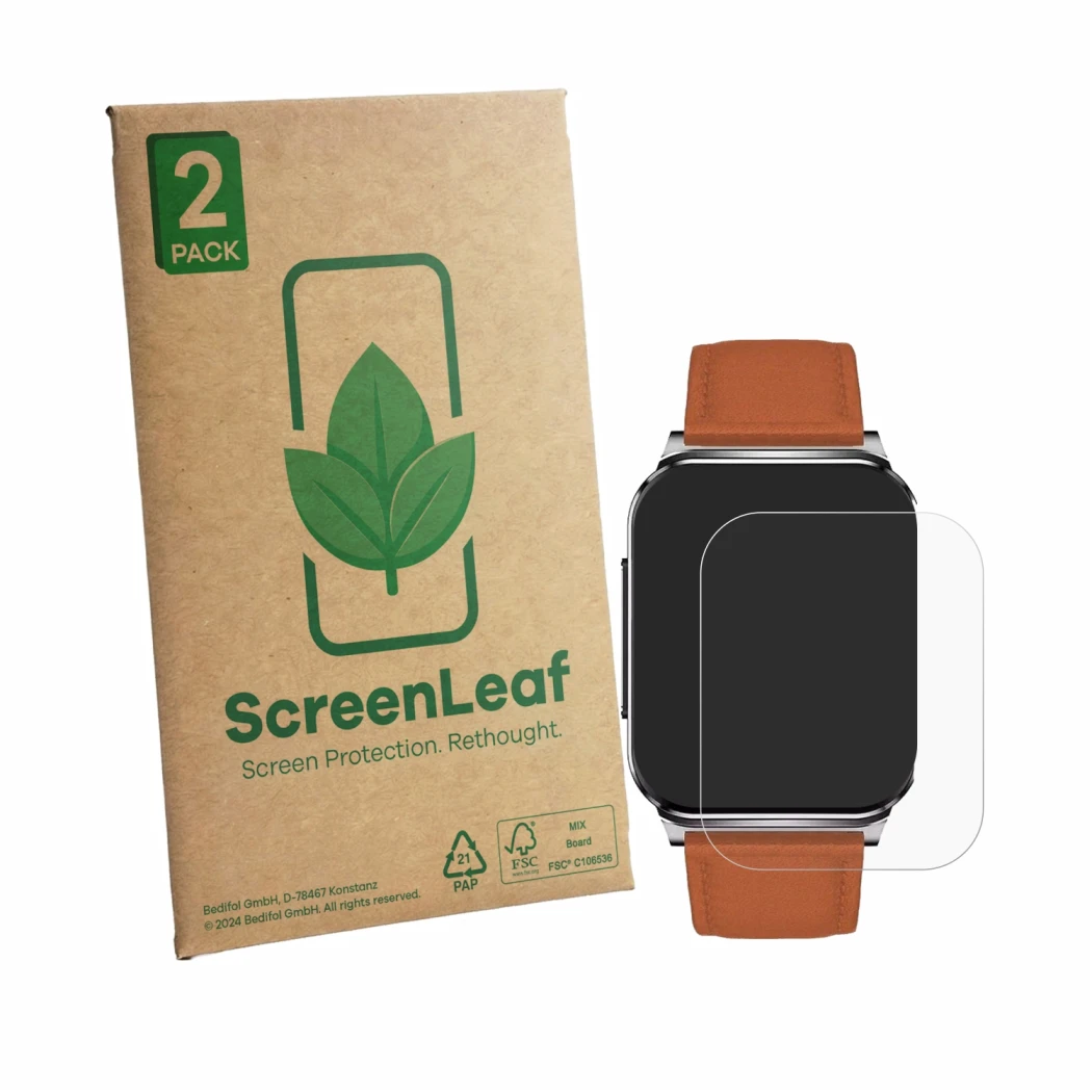 Face avant d’un emballage produit avec le logo de la marque ScreenLeaf. À côté, l’appareil Knauermann PRO 2 PLUS 2023 est repr