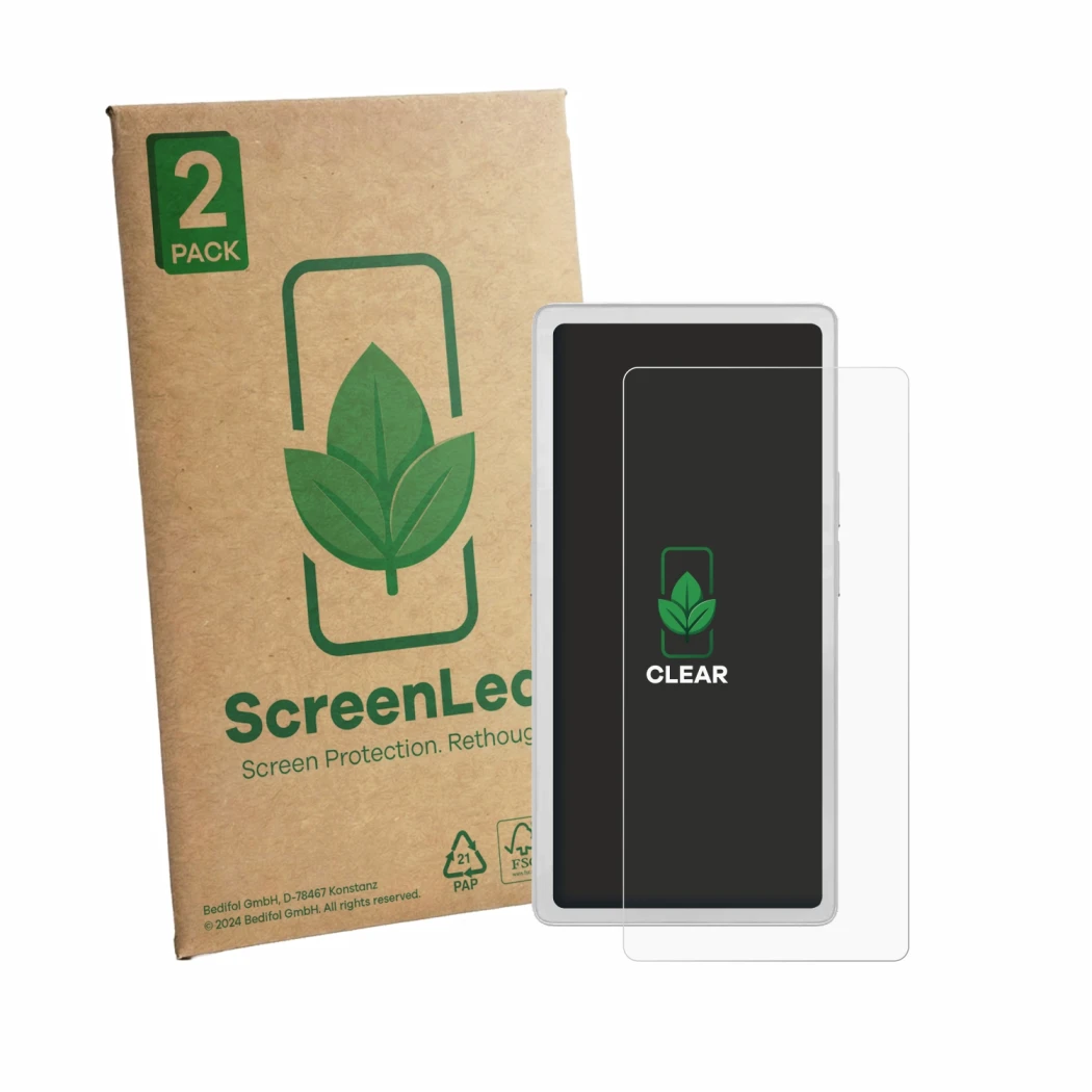Face avant d’un emballage produit avec le logo de la marque ScreenLeaf. À côté, l’appareil PocketBook Q est représenté avec la