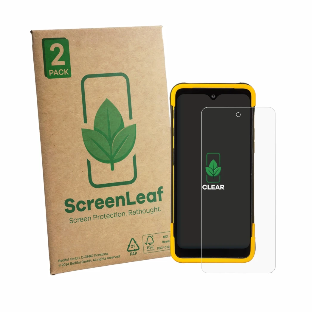 Face avant d’un emballage produit avec le logo de la marque ScreenLeaf. À côté, l’appareil Trimble TDC6 est représenté avec la
