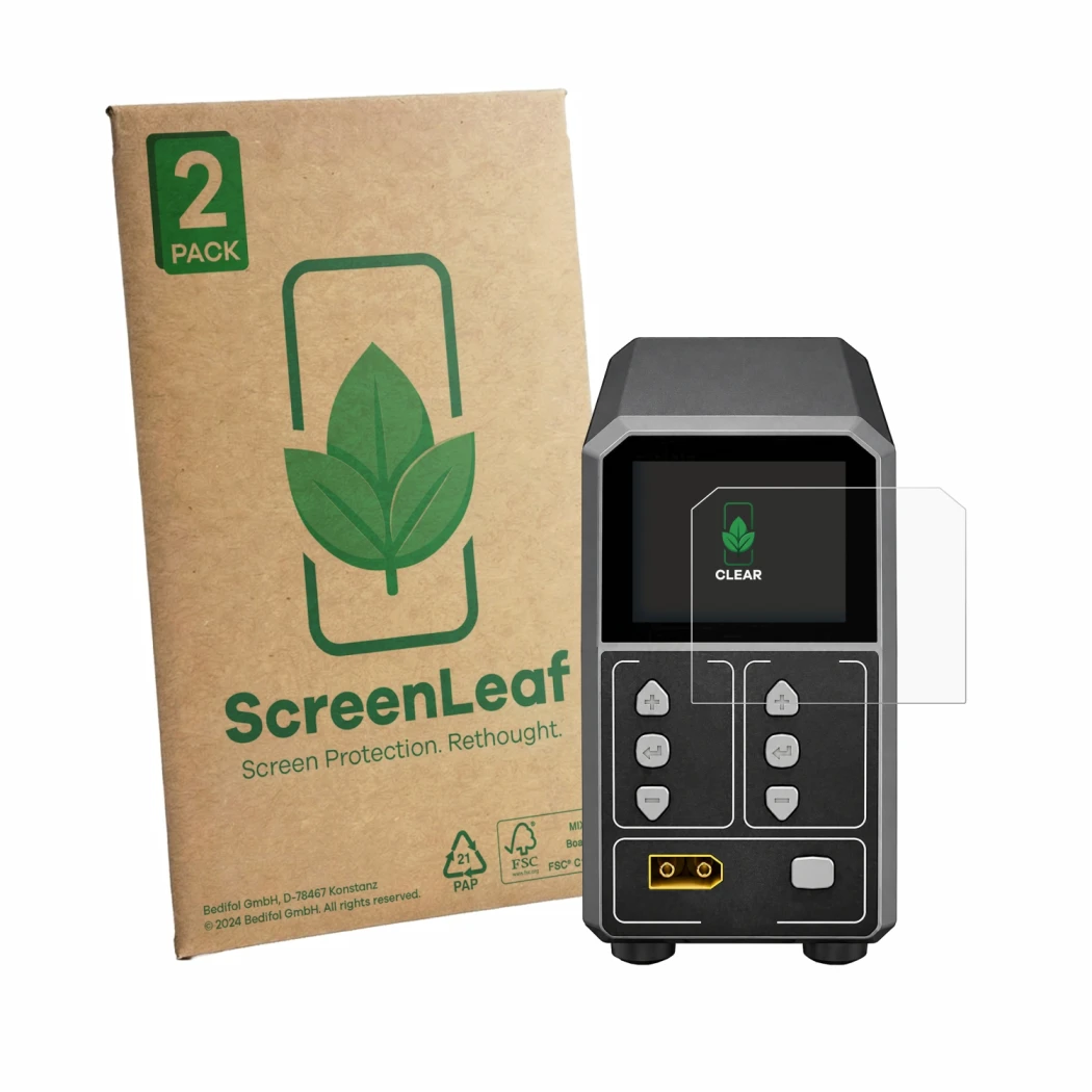Face avant d’un emballage produit avec le logo de la marque ScreenLeaf. À côté, l’appareil SkyRc eFuel PSU2000 est représenté 