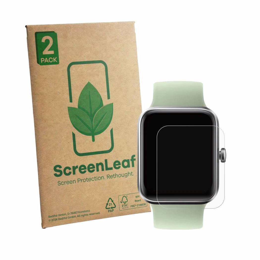 Face avant d’un emballage produit avec le logo de la marque ScreenLeaf. À côté, l’appareil Decathlon CW 500 S est représenté a