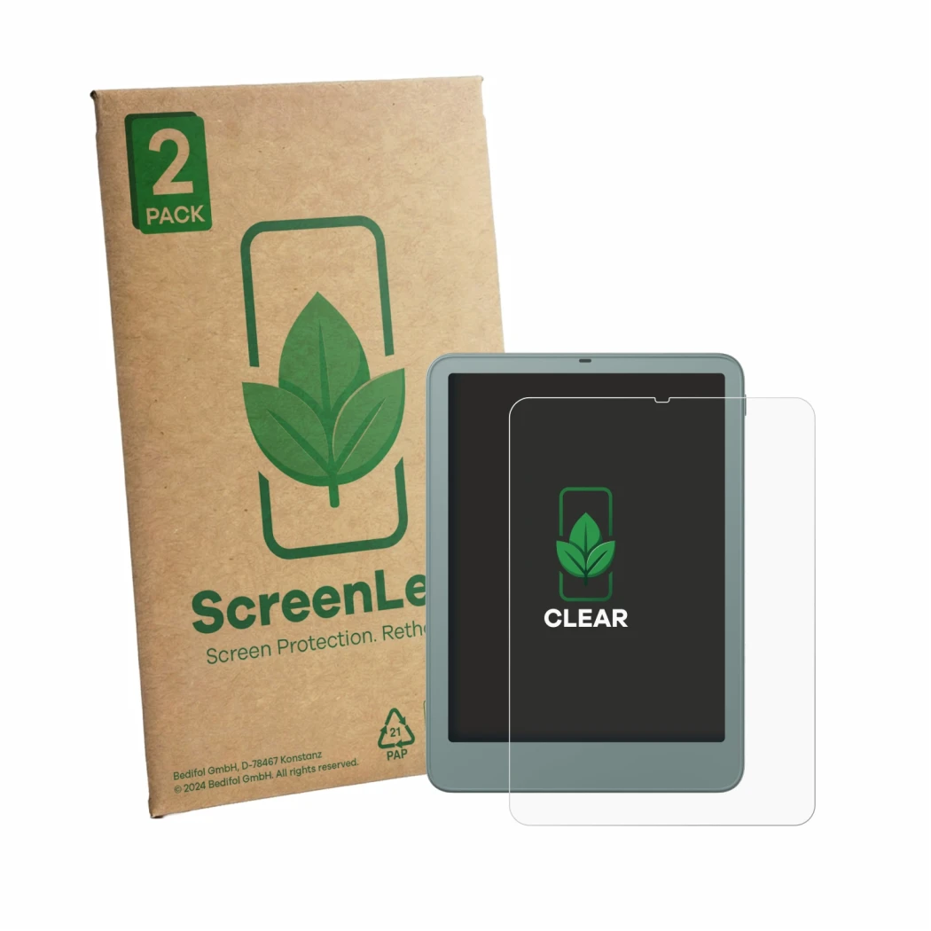 Face avant d’un emballage produit avec le logo de la marque ScreenLeaf. À côté, l’appareil Amazon Kindle Paperwhite 2026 Signa