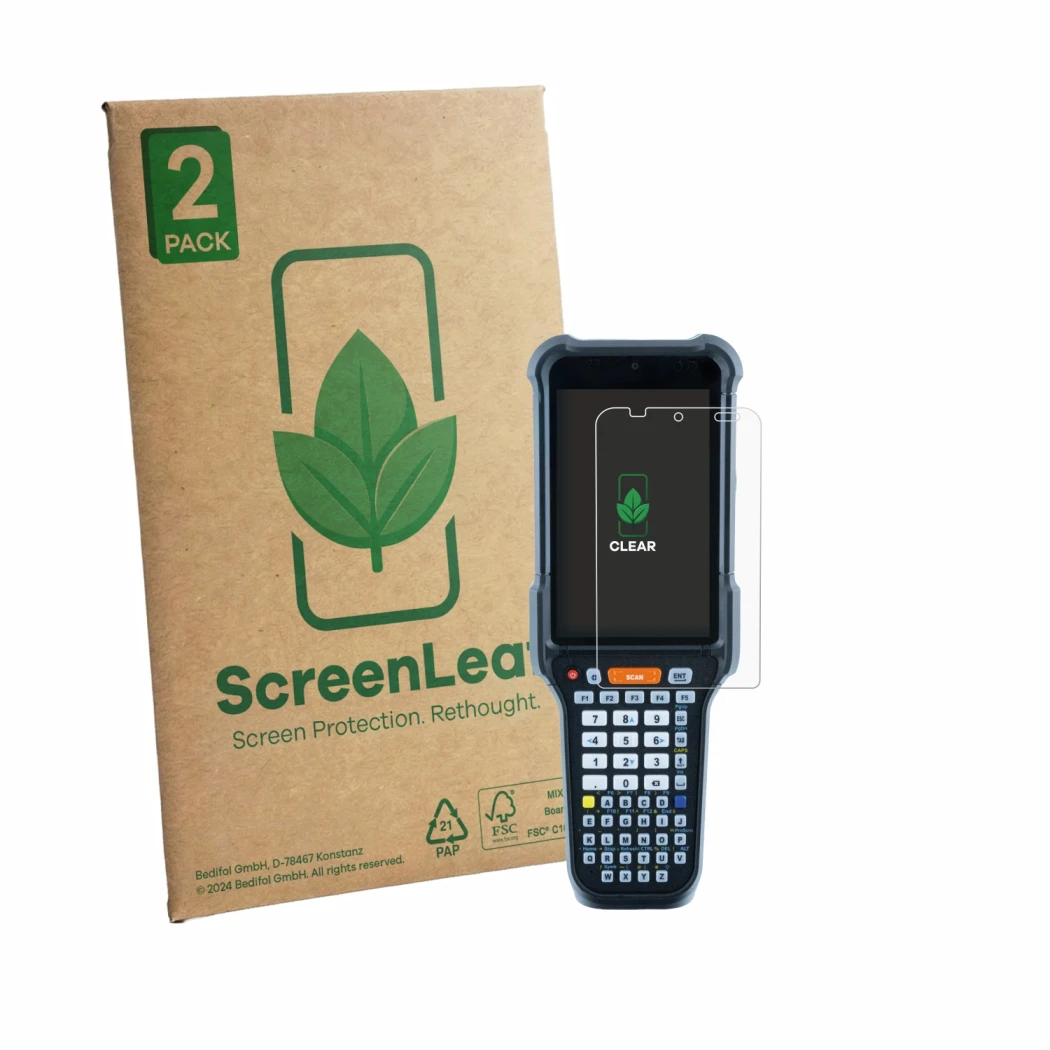Face avant d’un emballage produit avec le logo de la marque ScreenLeaf. À côté, l’appareil Datalogic Falcon X60 est représenté