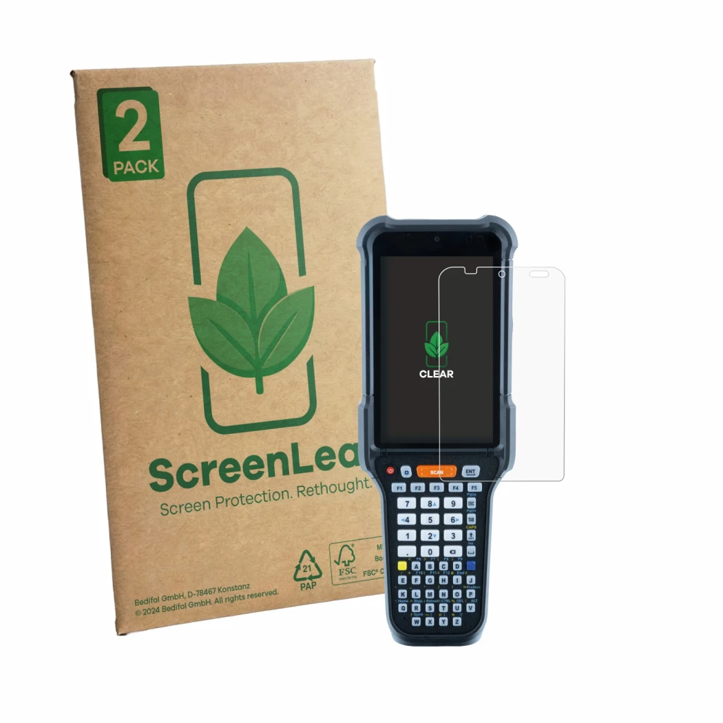Face avant d’un emballage produit avec le logo de la marque ScreenLeaf. À côté, l’appareil Datalogic Falcon X65 est représenté